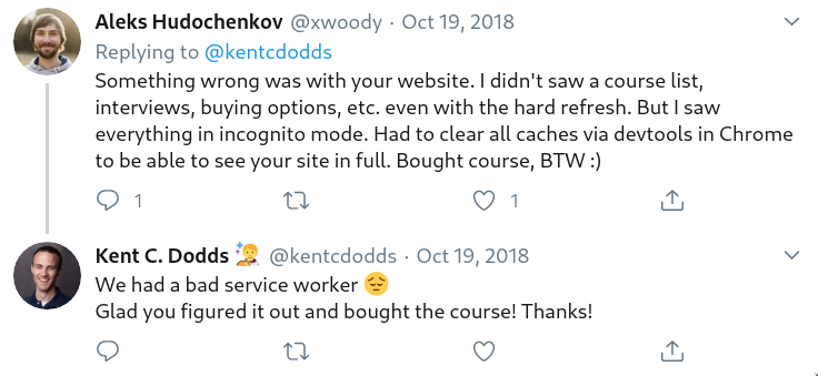 tweet showing that having a bad service worker breaks your site
