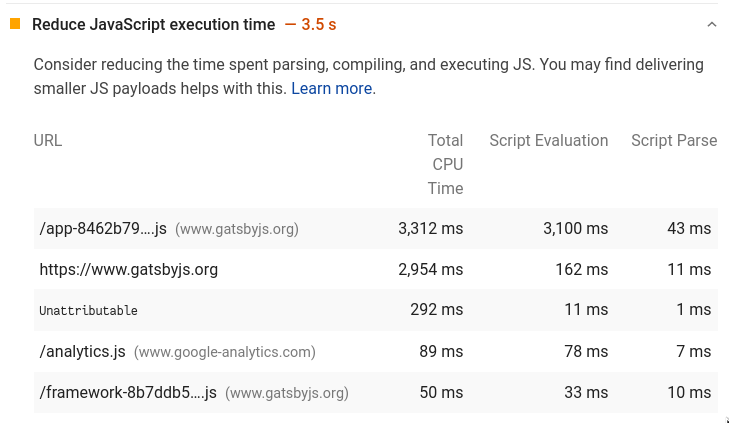 gatsby speed tests results showing large javascript evaluation times